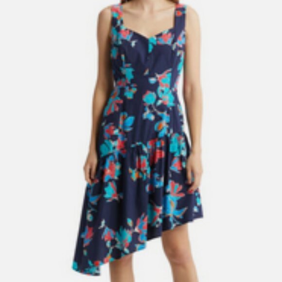 NWT Du Paradis Summer Night floral asymmetric-hem cotton midi dress sz M - Picture 2 of 15
